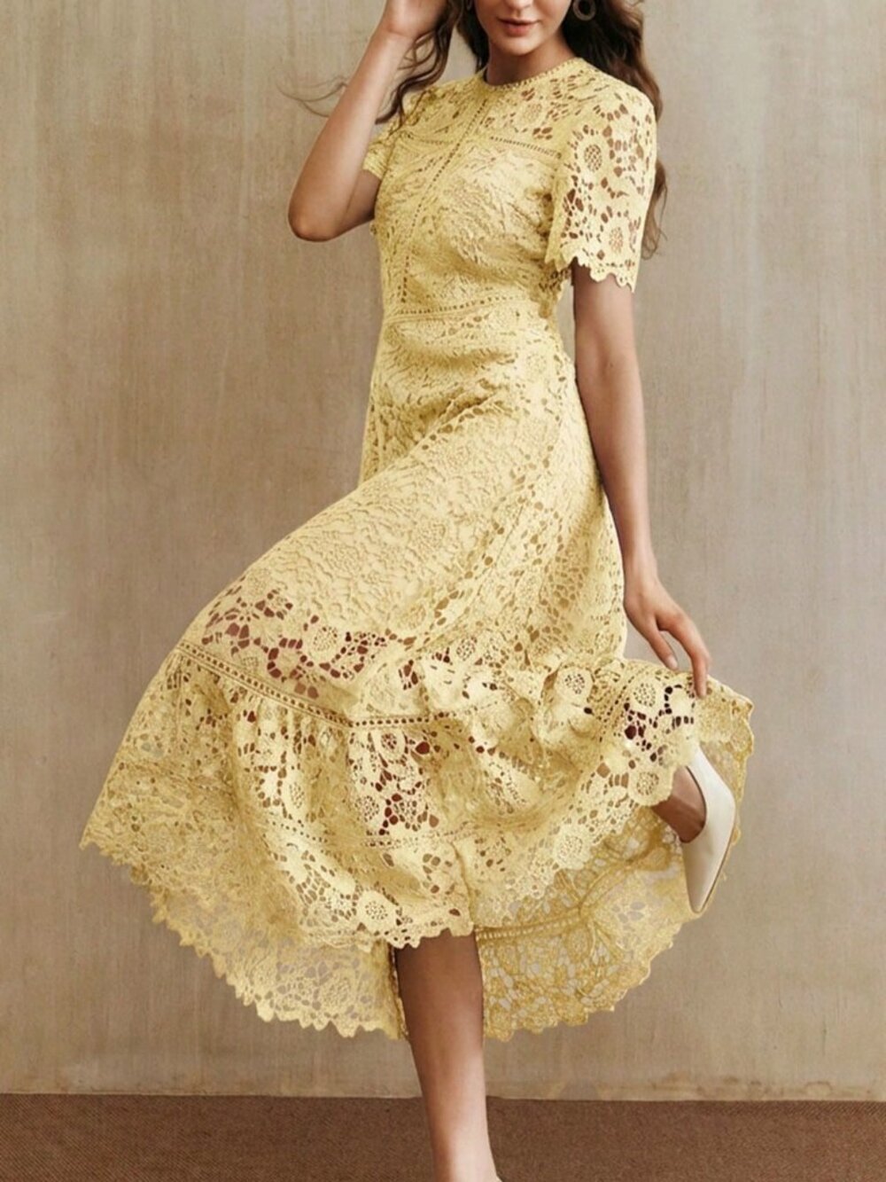 Yellow Elegant Women's Lace Patchwork Short Sleeve Floral Dress